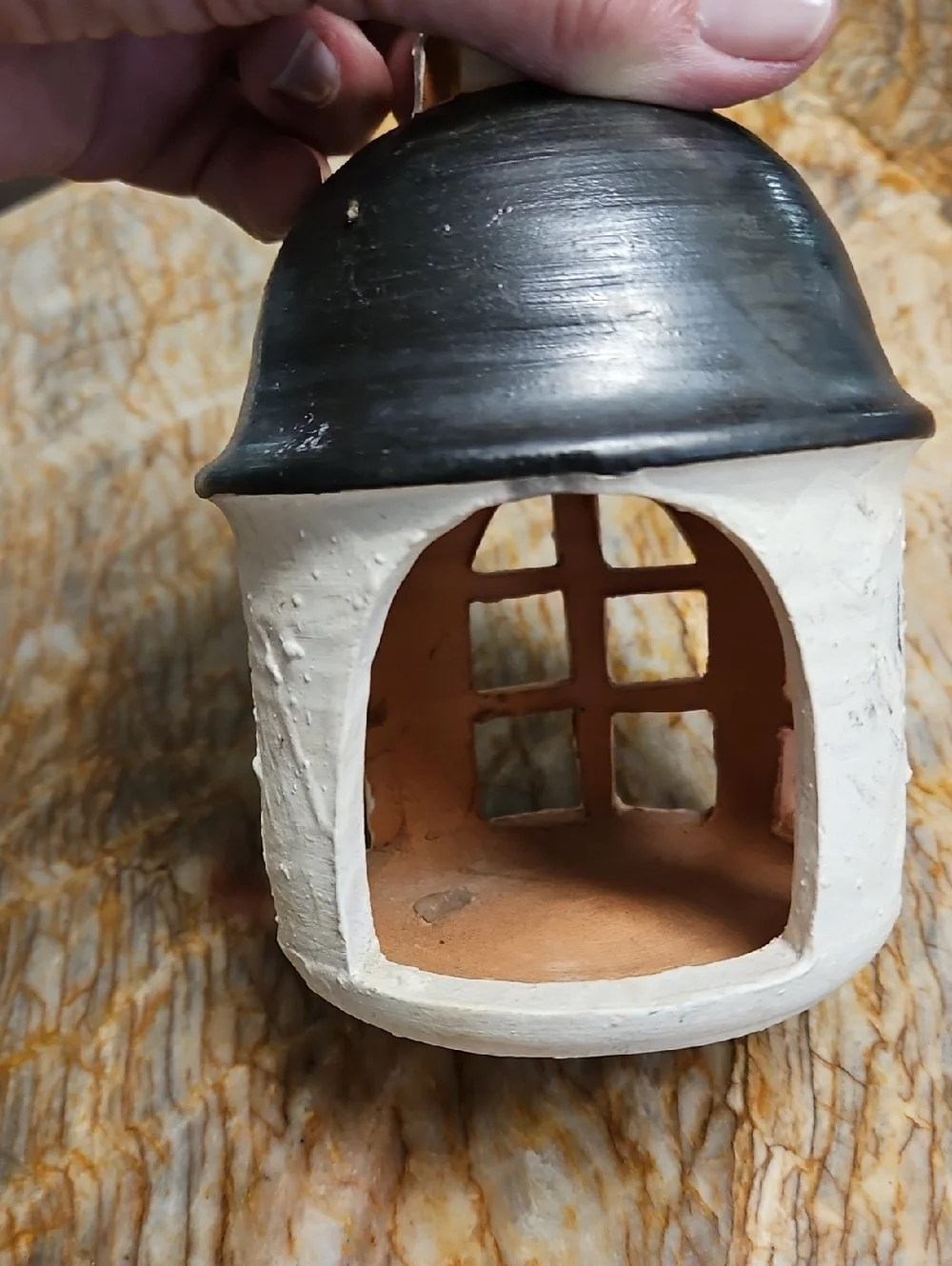 Terra Cotta Black/white Church Tea Light Holder